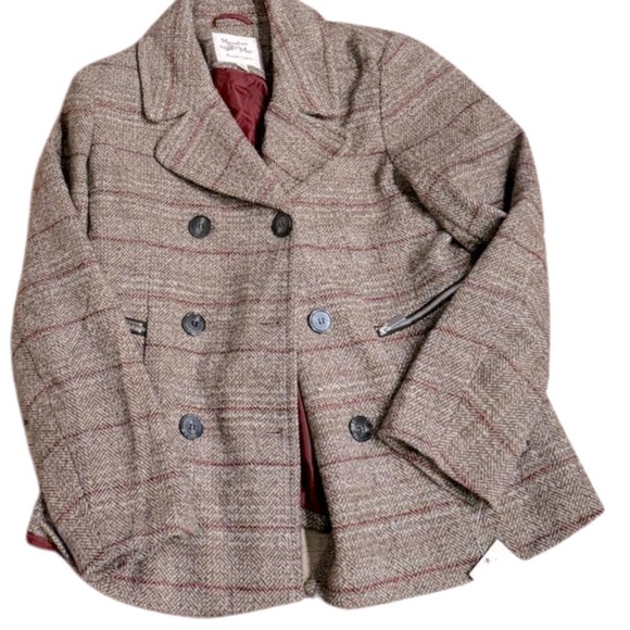Maralyn Me Juniors Notched-Collar Double-Breasted Peacoat Brown Red Plaid XL - Picture 8 of 12